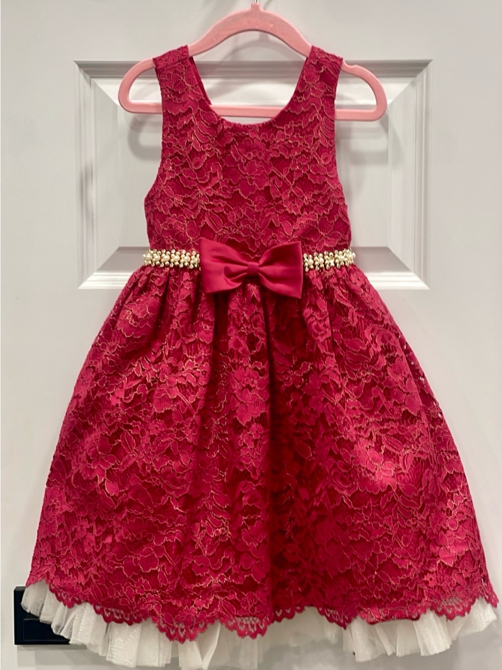 American Princess Hot Pink Lace Dress with Pearl Bow